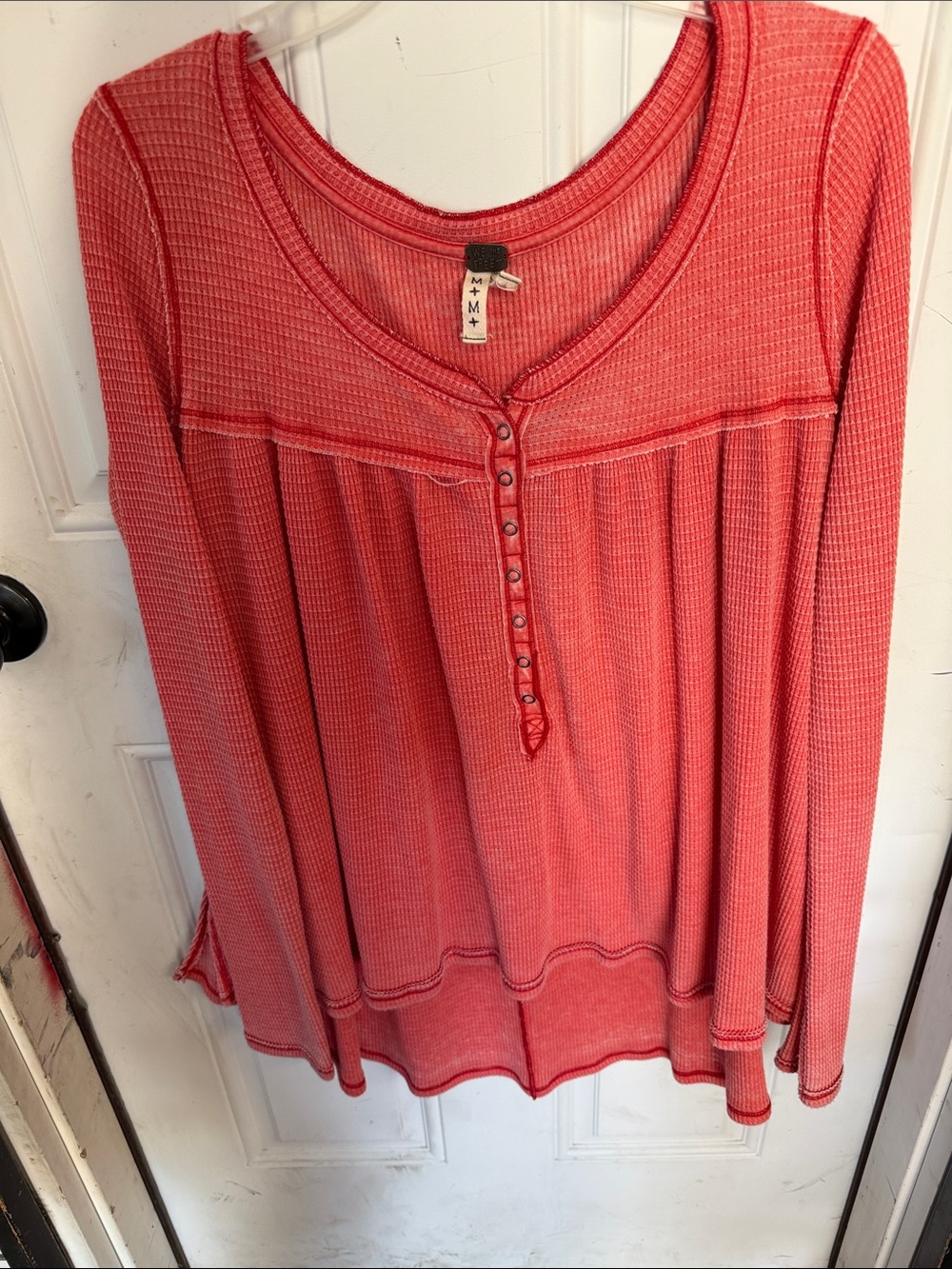 We The Free Coral Waffle Henley Long Sleeve Top